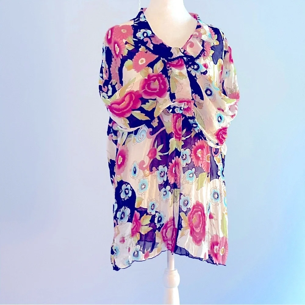 Agora Floral Beaded Ruffle Boho Blouse Snap Front Size 2X - Picture 12 of 16
